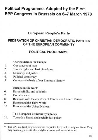 Voorkant van het eerste beginselprogramma van de Europese Volkspartij