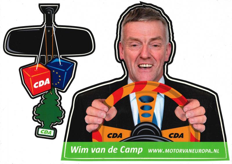Sticker Wim van de Camp achter het stuur ("motor van Europa")