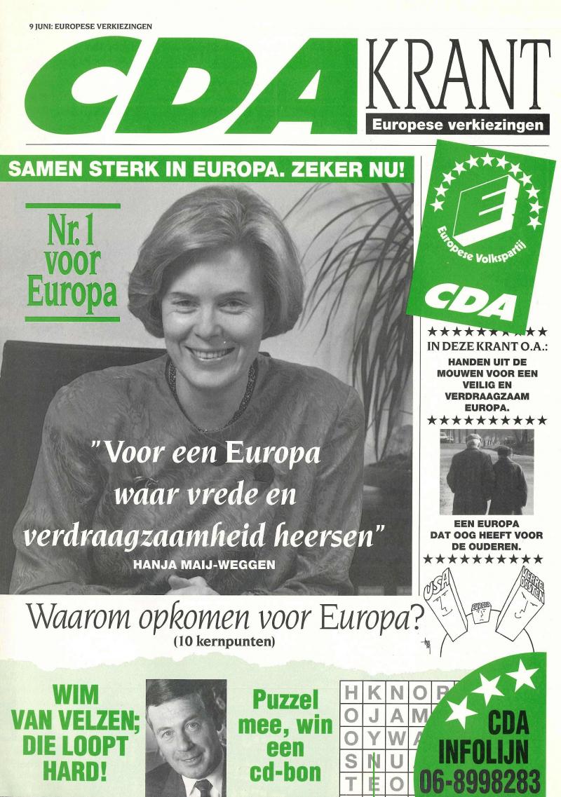 Verkiezingskrant 1994 met quote van May-Weggen: "Voor een Europa waar vrede en verdraagzaamheid heersen"