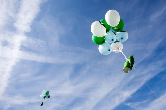 Groene kabouters aan ballonnen tijdens de verkiezingscampagne 2012.